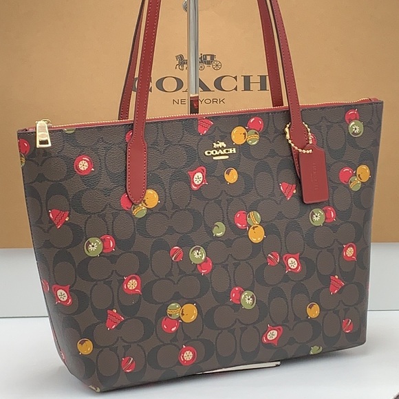 NWT COACH Zip Top Tote In Signature Canvas With Ornament Print Brown /Black Mult - Picture 2 of 16